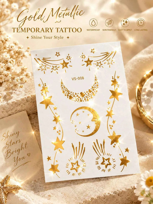 Gold Metallic Moon Star Tattoo Set