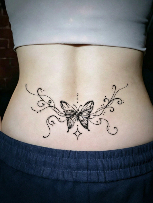 Ornate Butterfly Swirl Vine Tattoo Sticker