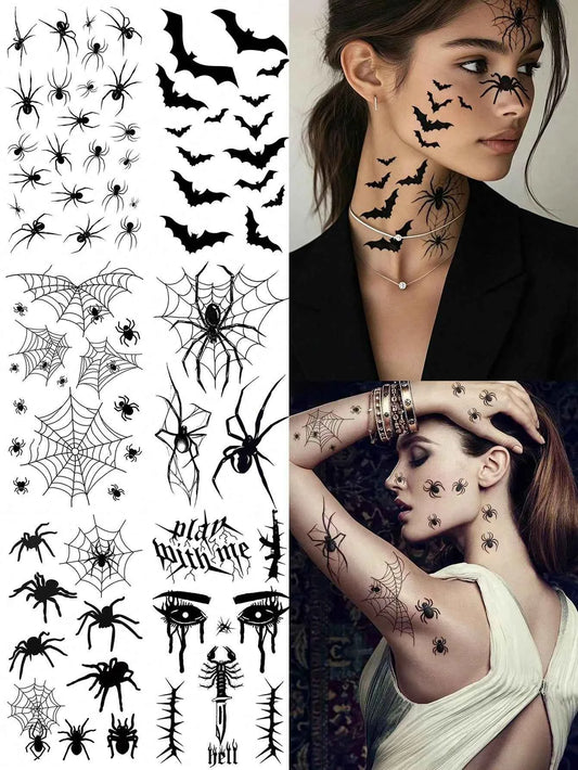 Halloween Bat Spider Witch Tattoo Set