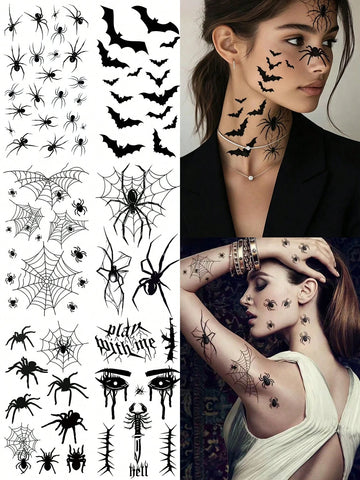 Halloween Bat Spider Witch Tattoo Set
