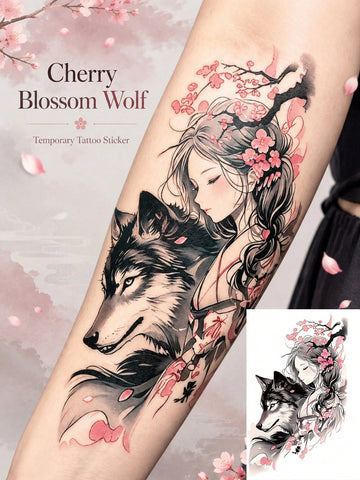 Wolf Girl Floral Gothic Tattoo Sticker