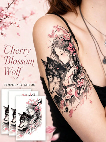 Wolf Girl Floral Gothic Tattoo Sticker