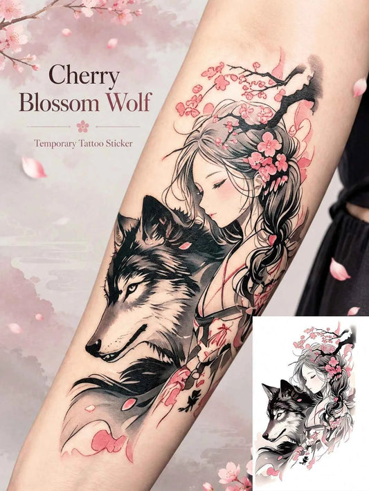 Wolf Girl Floral Gothic Tattoo Sticker