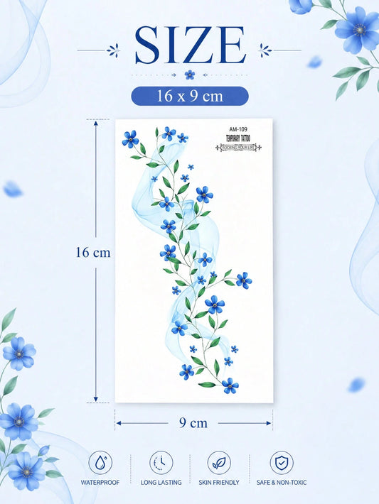 Blue Blossom Floral Vine Tattoo Set