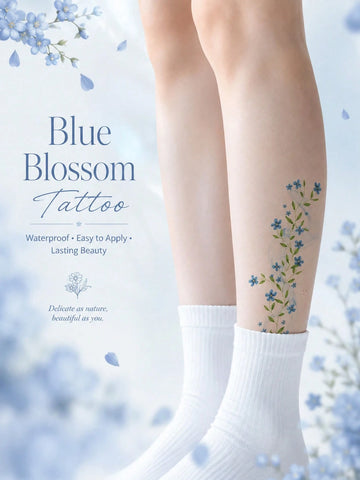 Blue Blossom Floral Vine Tattoo Set