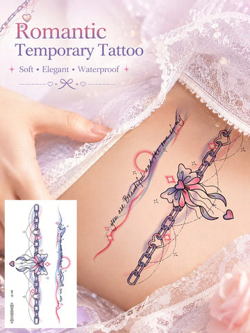Bow Heart Chain Love Quote Tattoo Set