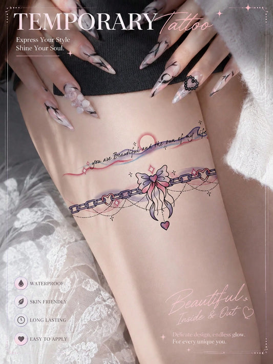 Bow Heart Chain Love Quote Tattoo Set