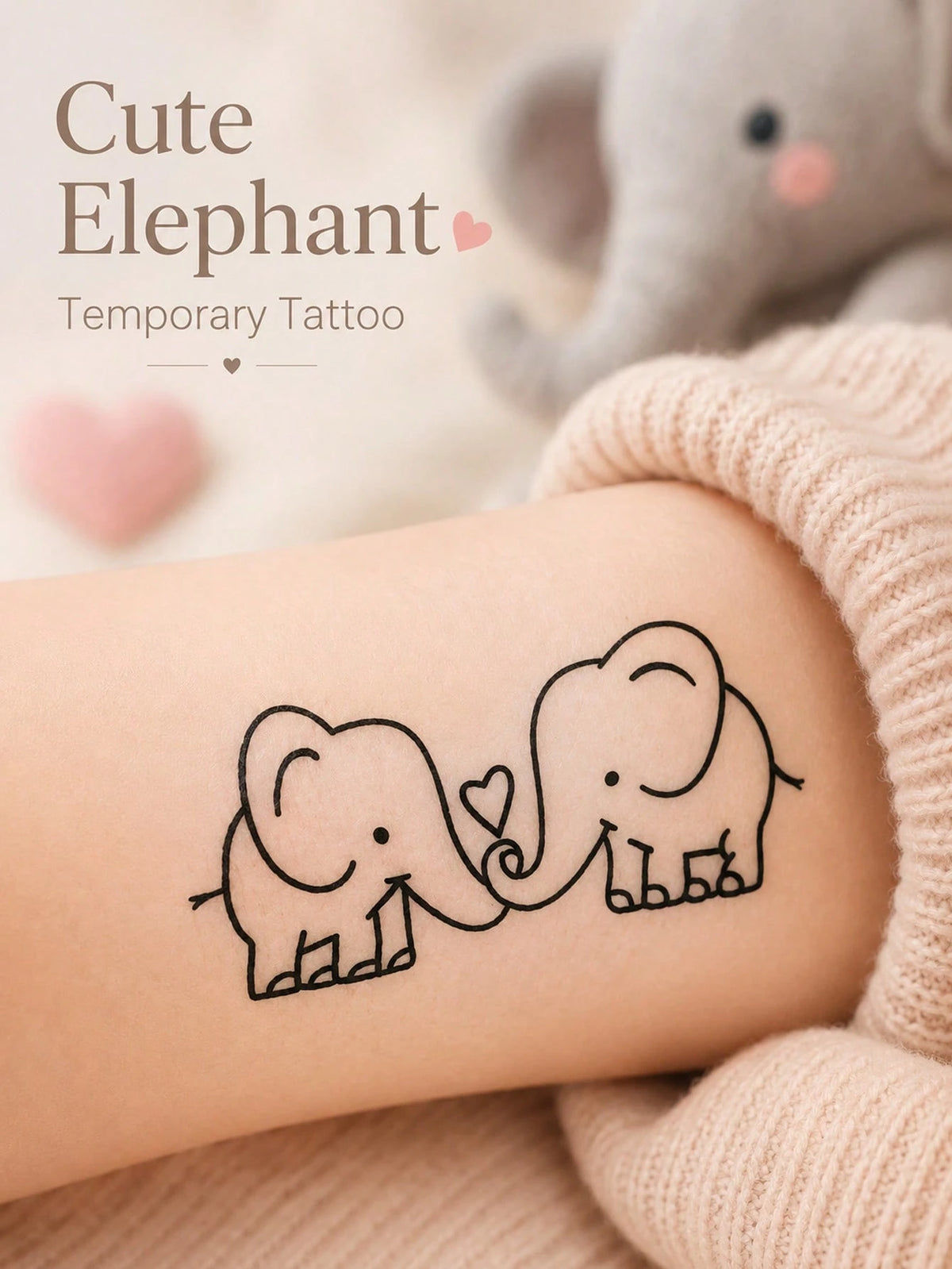 Cute Elephant Heart Tattoo Set