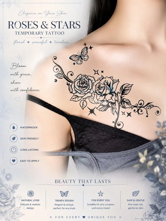 Rose Butterfly Floral Star Tattoo Sticker
