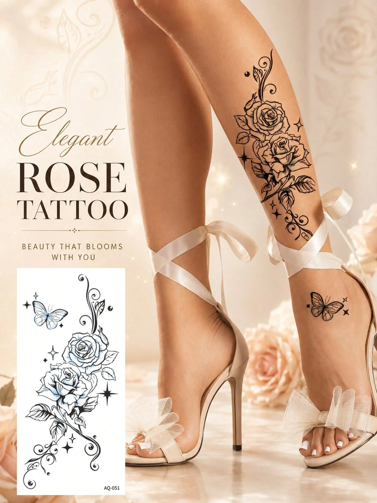 Rose Butterfly Floral Star Tattoo Sticker