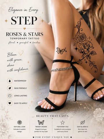 Rose Butterfly Floral Star Tattoo Sticker