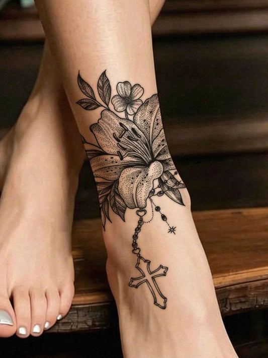 Lily Flower Cross Charm Tattoo Sticker
