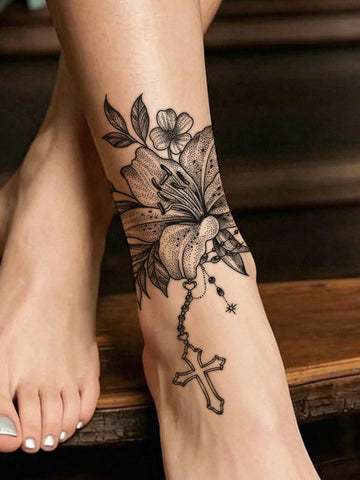 Lily Flower Cross Charm Tattoo Sticker