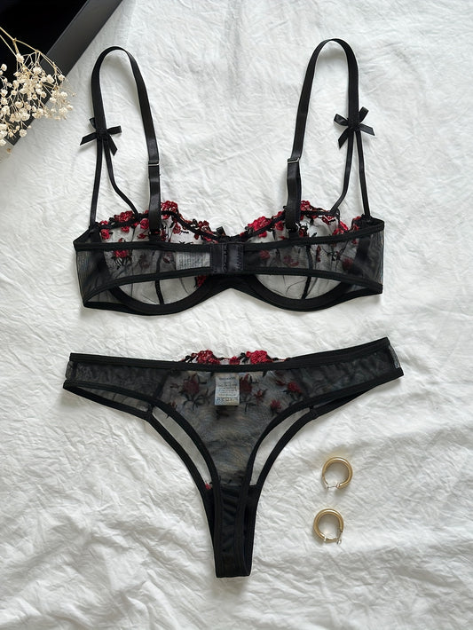 Floral Embroidery Mesh Unlined Lingerie Set -ED