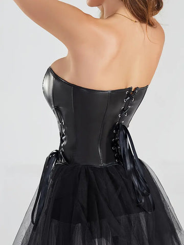 Black Corset Top with Zipper & Lace-Up Design Shapewear