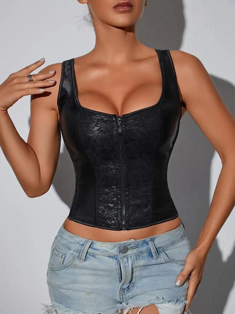 Punk Style Jacquard Zip-Up Shapewear Top