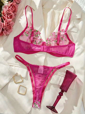 Floral Embroidery Cut Out Unlined Lingerie Set