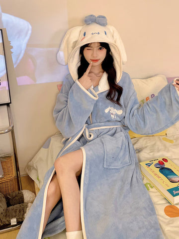 3D Ear Design Hooded Belted Flannel Robe