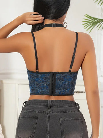 Gothic Floral Lace-Up Corset Top with Chain Halter Shapewear