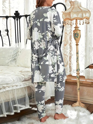 3pcs Elegant Floral Print Pajama Set