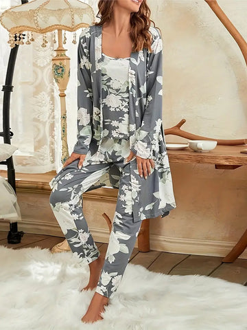 3pcs Elegant Floral Print Pajama Set