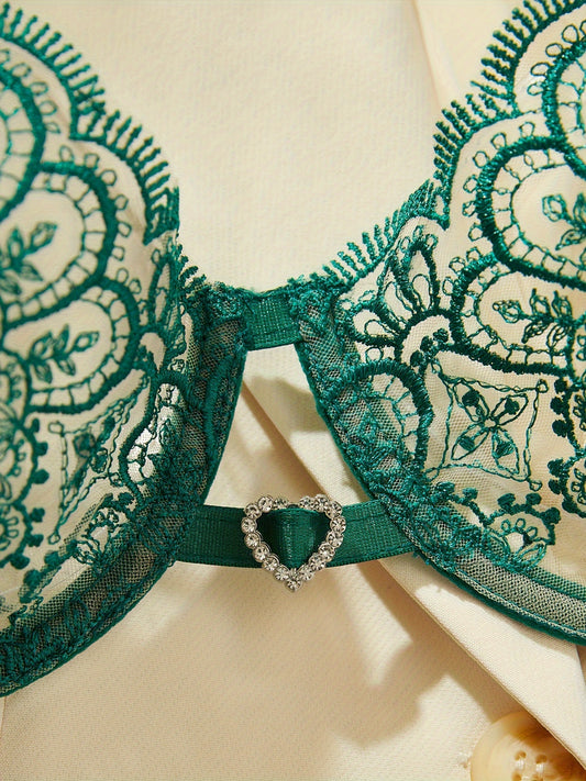 Floral Embroidery Semi Sheer Lingerie Set - ED - TFI Lingerie