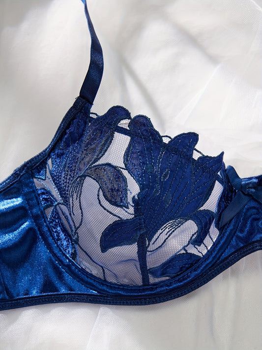 Floral Embroidery Semi Sheer Lingerie Set - TFI Lingerie