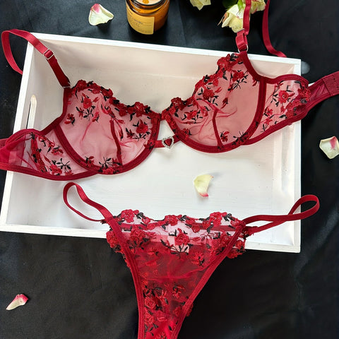 Floral Embroidery Hollow Out Unlined Lingerie Set-ED