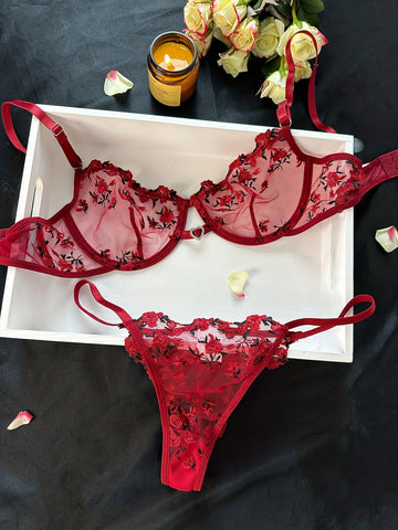 Floral Embroidery Hollow Out Unlined Lingerie Set-ED