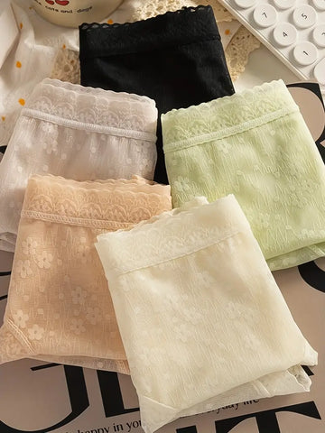 5pcs Elegant Mid Waist Hip Enhancing Contrast Lace Panties