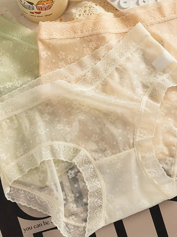 5pcs Elegant Mid Waist Hip Enhancing Contrast Lace Panties