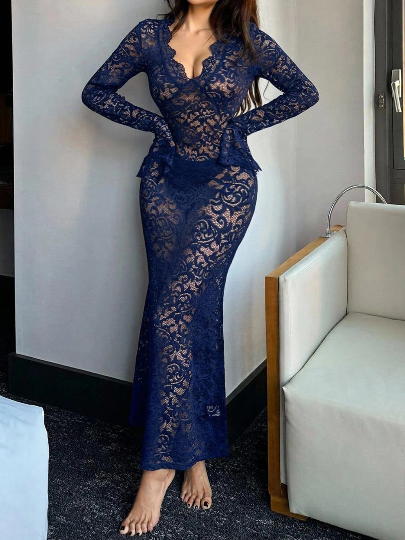 Sheer Lace Slim Fit Long Nightie - TFI Lingerie Pakistan - Image 4