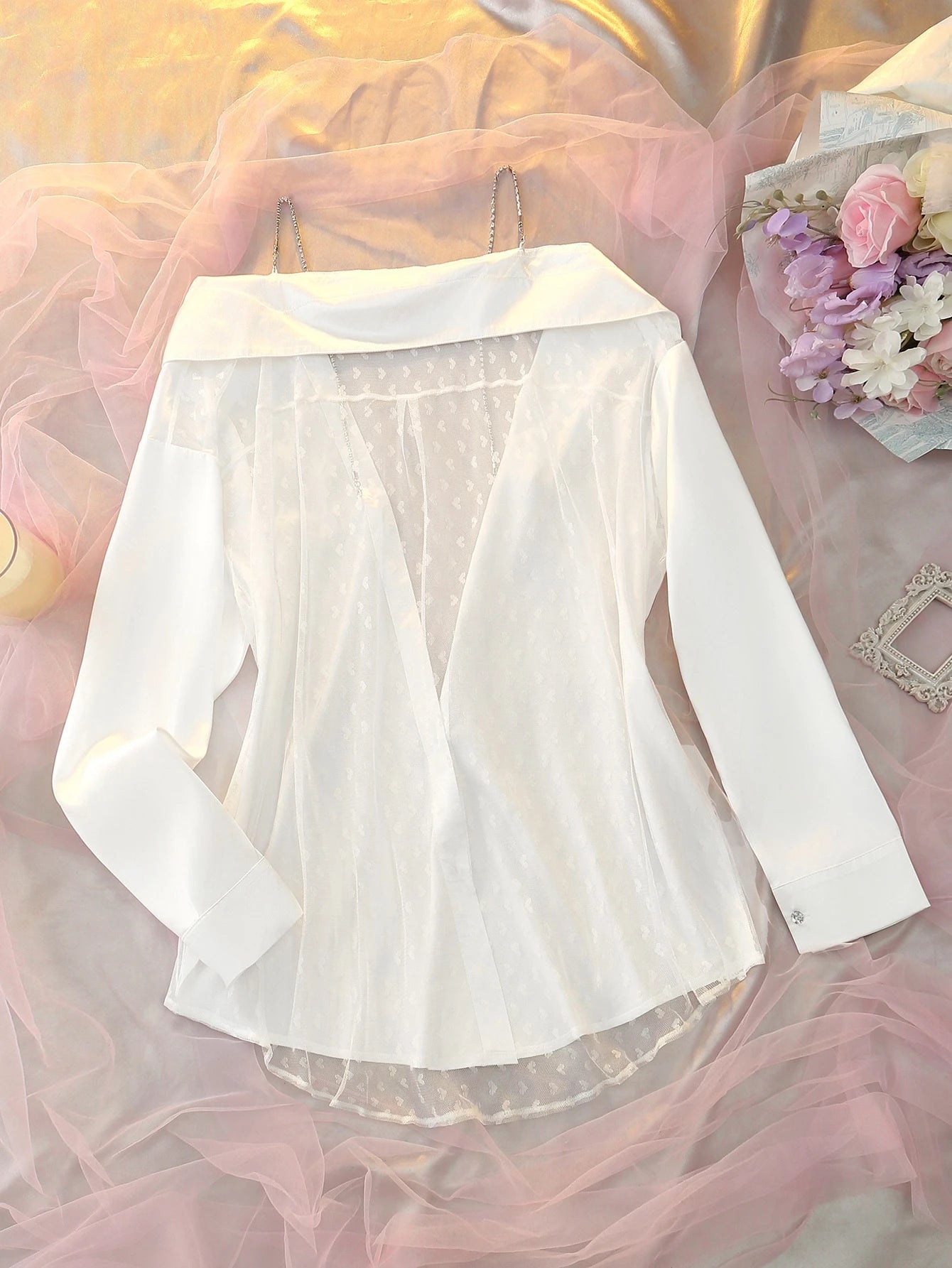 White Oversize Backless Mesh Satin Sheer Nightie - TFI Lingerie Pakistan - Image 6