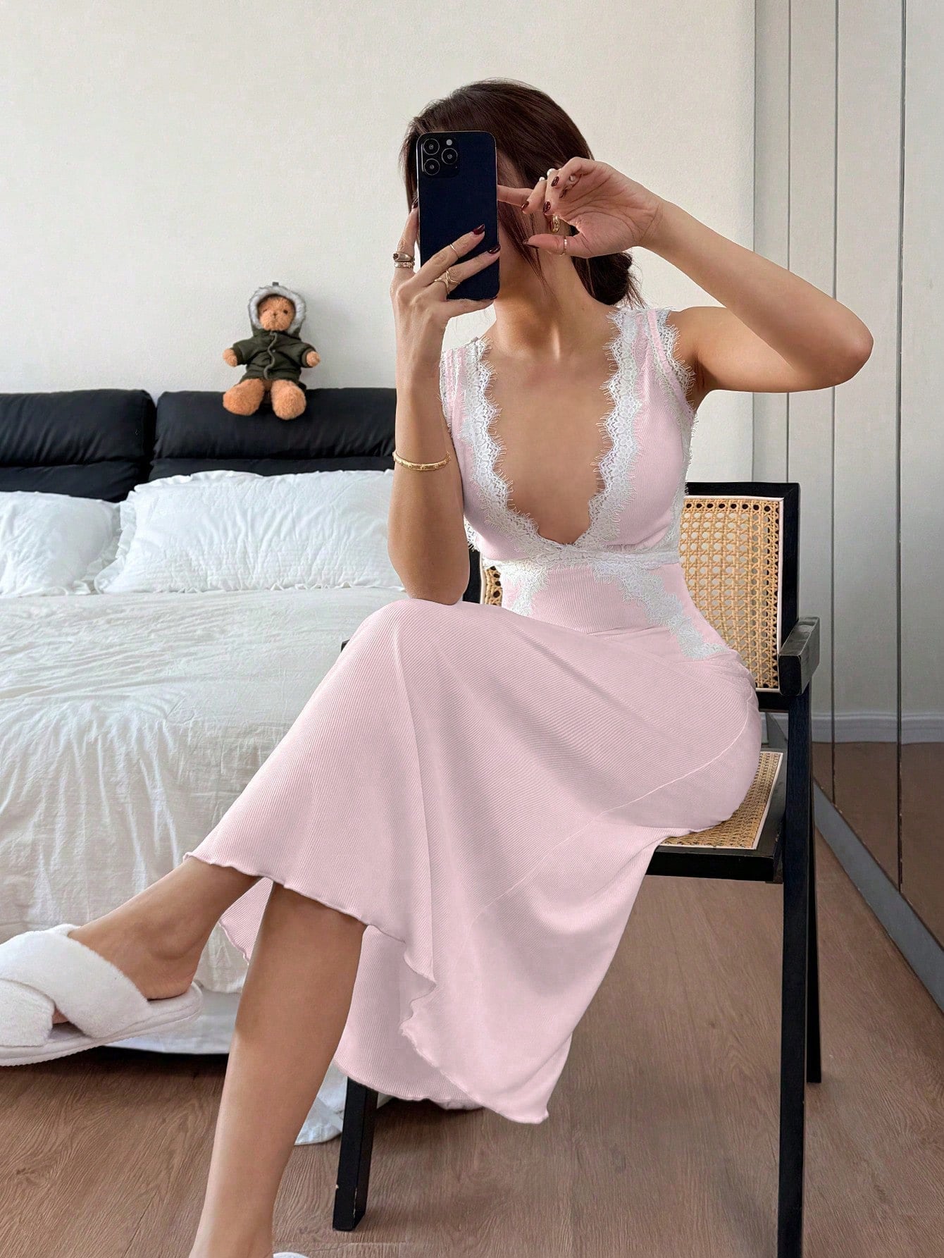 Lace Trim V-Neck Backless Long Nightie VI - TFI Lingerie Pakistan