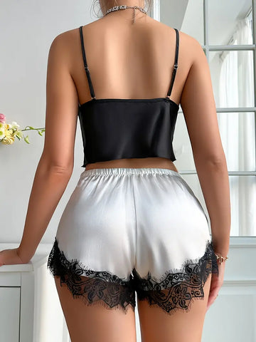 Solid Satin Lace Trim Pajama Set  V-Neck Elastic Shorts