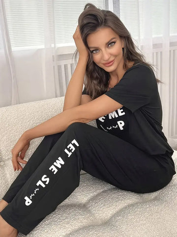 Casual Eyelash & Slogan Print Pajama Set