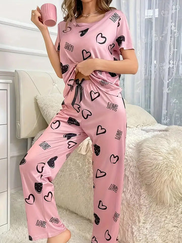 Casual Heart & Letter Print Pajama Set