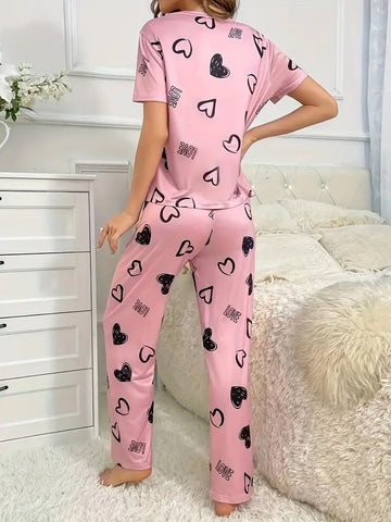 Casual Heart & Letter Print Pajama Set