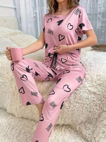 Casual Heart & Letter Print Pajama Set