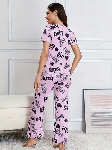 Casual Letter & Heart Print Pajama Set