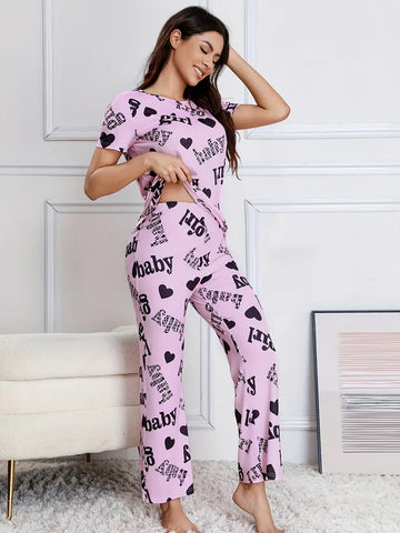 Casual Letter & Heart Print Pajama Set