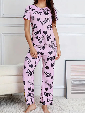 Casual Letter & Heart Print Pajama Set