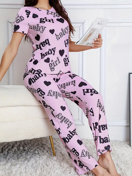 Casual Letter & Heart Print Pajama Set