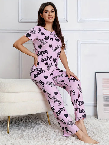 Casual Letter & Heart Print Pajama Set