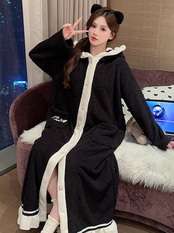 Contrast Trim Fuzzy Hooded Long Sleeve Loungewear