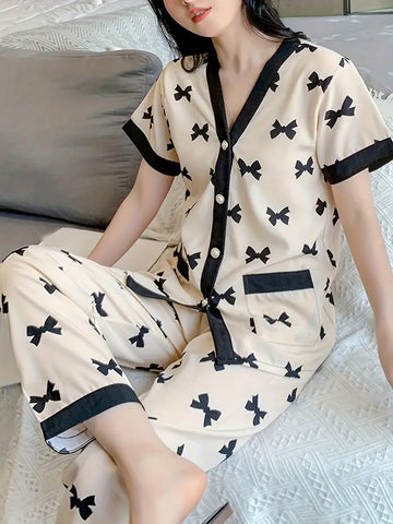 Elegant Bow Print Pajama Set