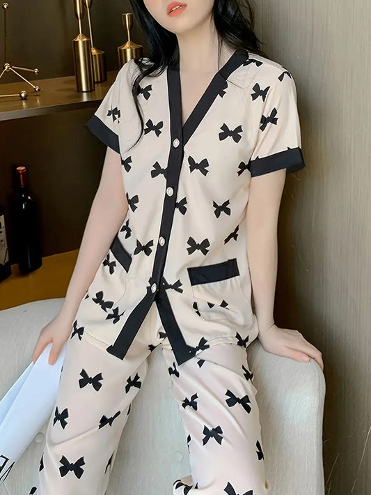 Elegant Bow Print Pajama Set