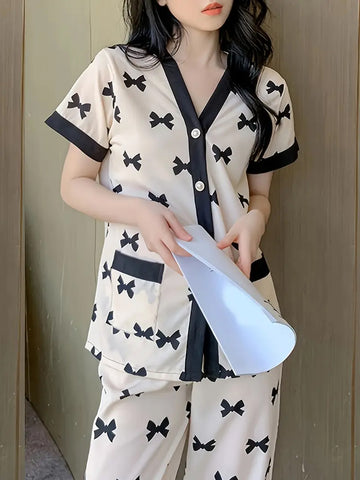 Elegant Bow Print Pajama Set