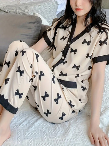 Elegant Bow Print Pajama Set