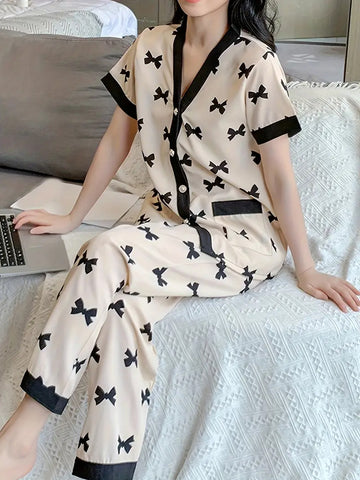 Elegant Bow Print Pajama Set